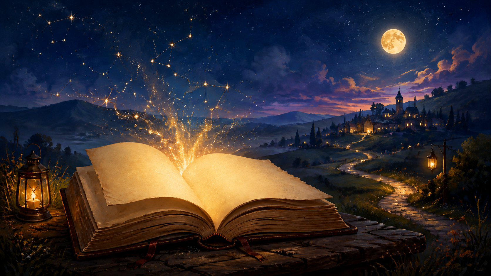 Un libro aperto illumina un paesaggio fiabesco sotto la luna
